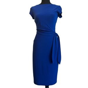 Y2K CACHE Royal Blue Wrap-Style Sheath Dress – Size S – Belted Midi
